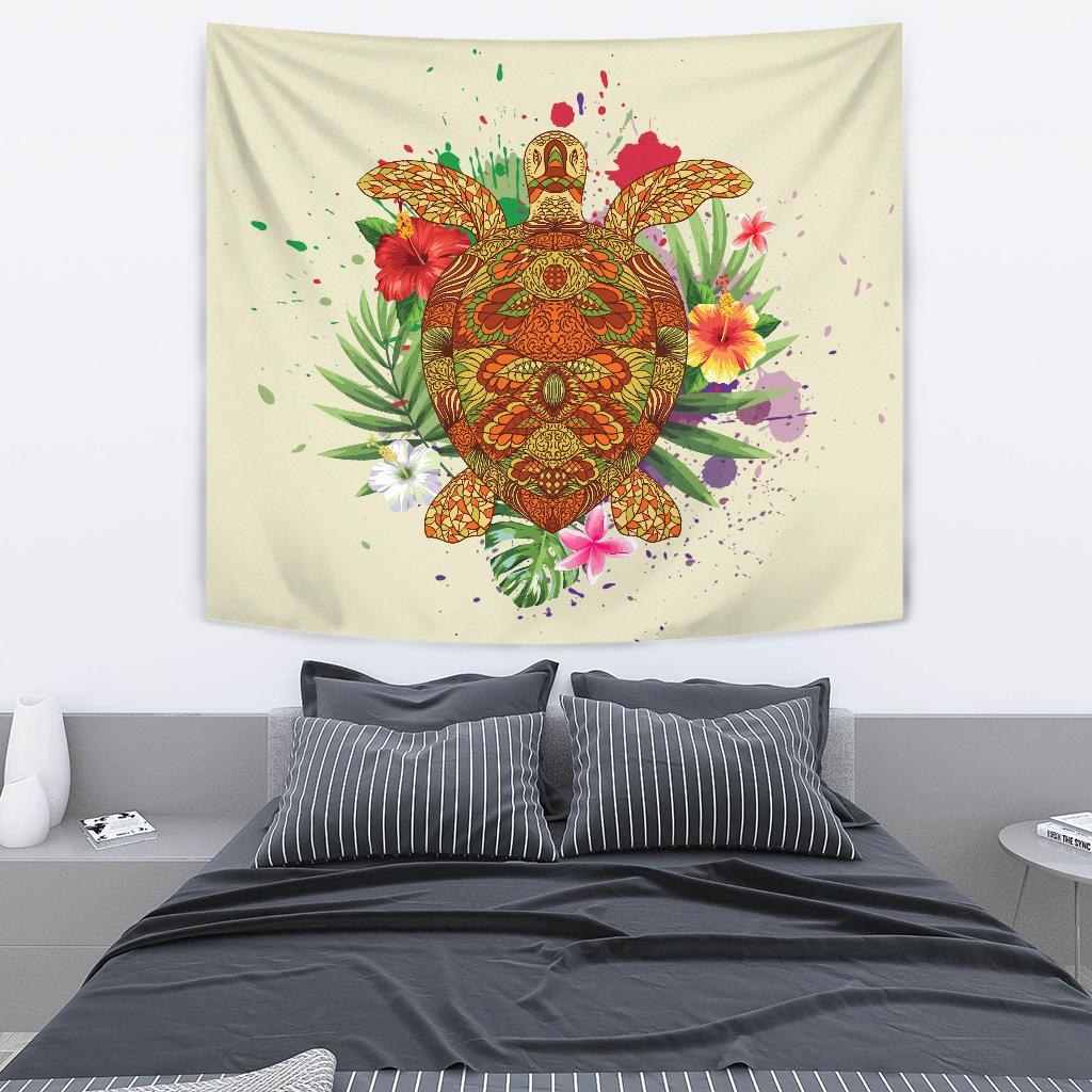 Hawaii Turtle Life Hibiscus Design Tapestry Wall Tapestry 130cm*150cm Beige - Polynesian Pride