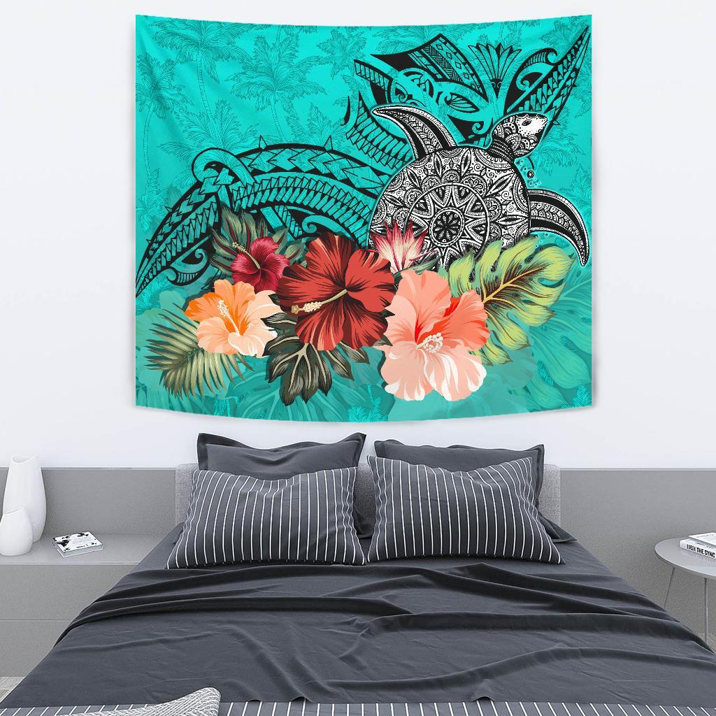 Turtle Polynesian Tapestry Hibiscus Polynesian Turquoise Wall Tapestry Medium 80" x 68" Turquoise - Polynesian Pride
