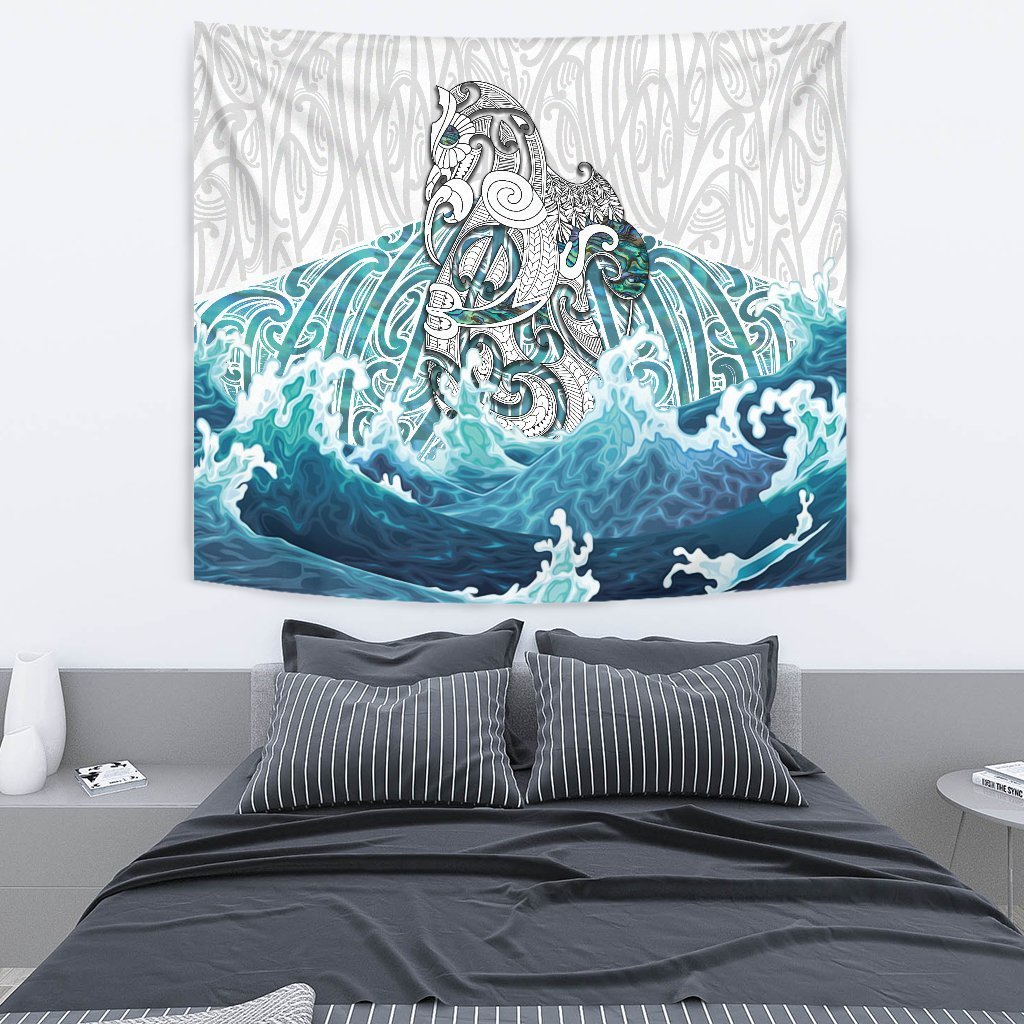 Maori Manaia The Blue Sea Tapestry, White Wall Tapestry Medium 80" x 68" White - Polynesian Pride