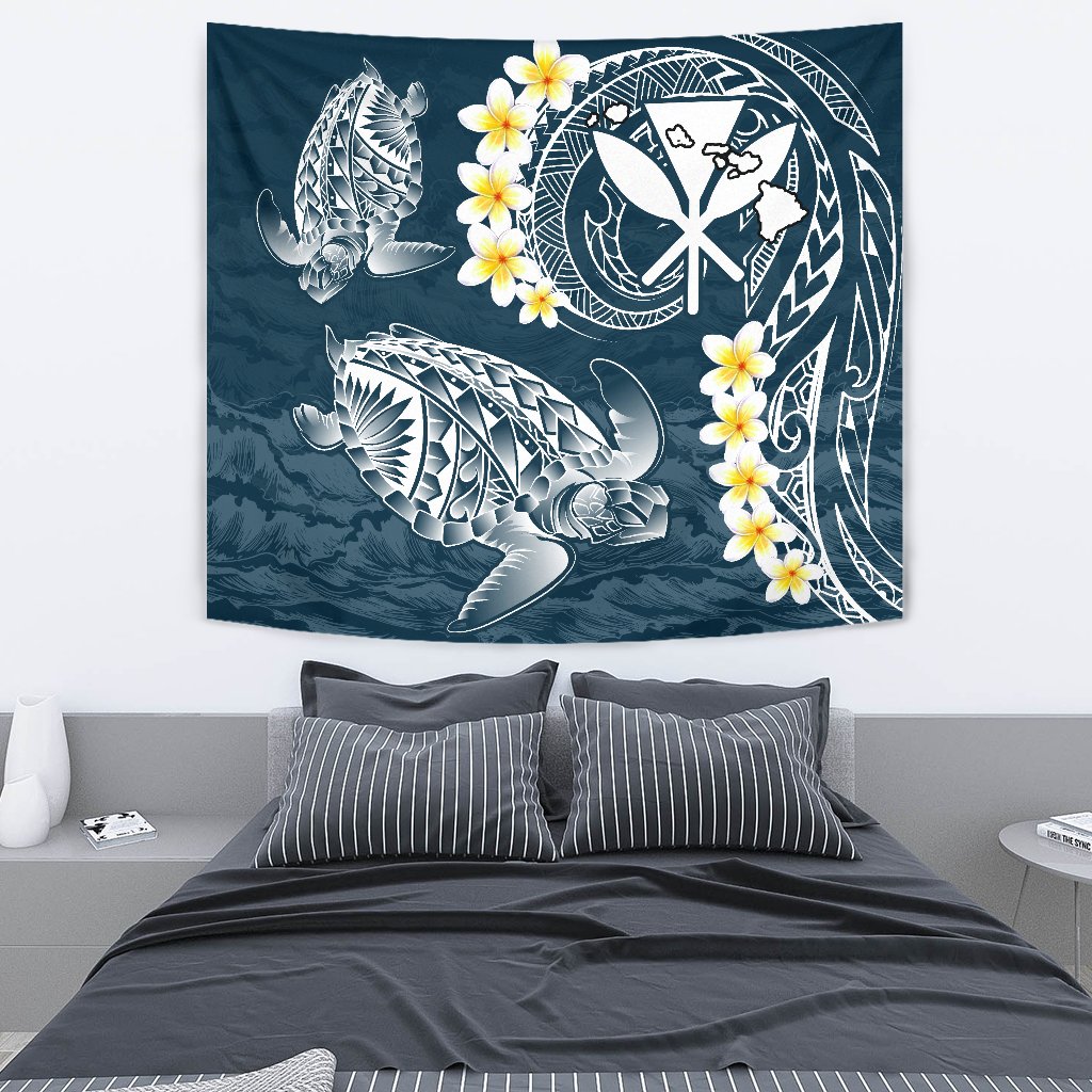 Hawaii Turtle Plumeria Polynesian Tapestry - Sease Style Wall Tapestry Medium 80" x 68" Blue - Polynesian Pride