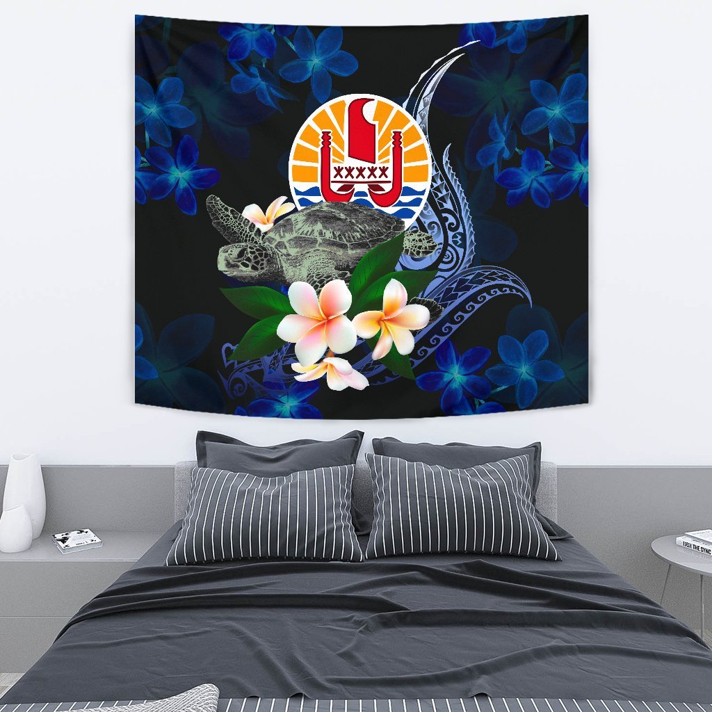 Tahiti Polynesian Tapestry - Turtle With Plumeria Flowers One Style Medium 80" x 68" Blue - Polynesian Pride