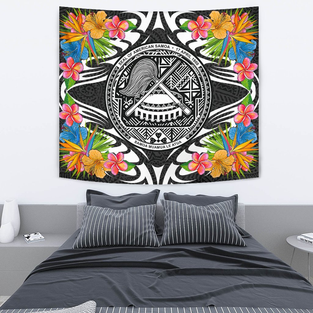 American Samoa Tapestrys - Tropical Flowers Style Wall Tapestry - American Samoa Medium 80" x 68" Black - Polynesian Pride