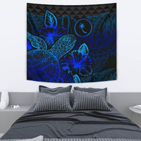 Chuuk Tapestry - Turtle Hibiscus Pattern Blue Wall Tapestry Medium 80" x 68" Blue - Polynesian Pride