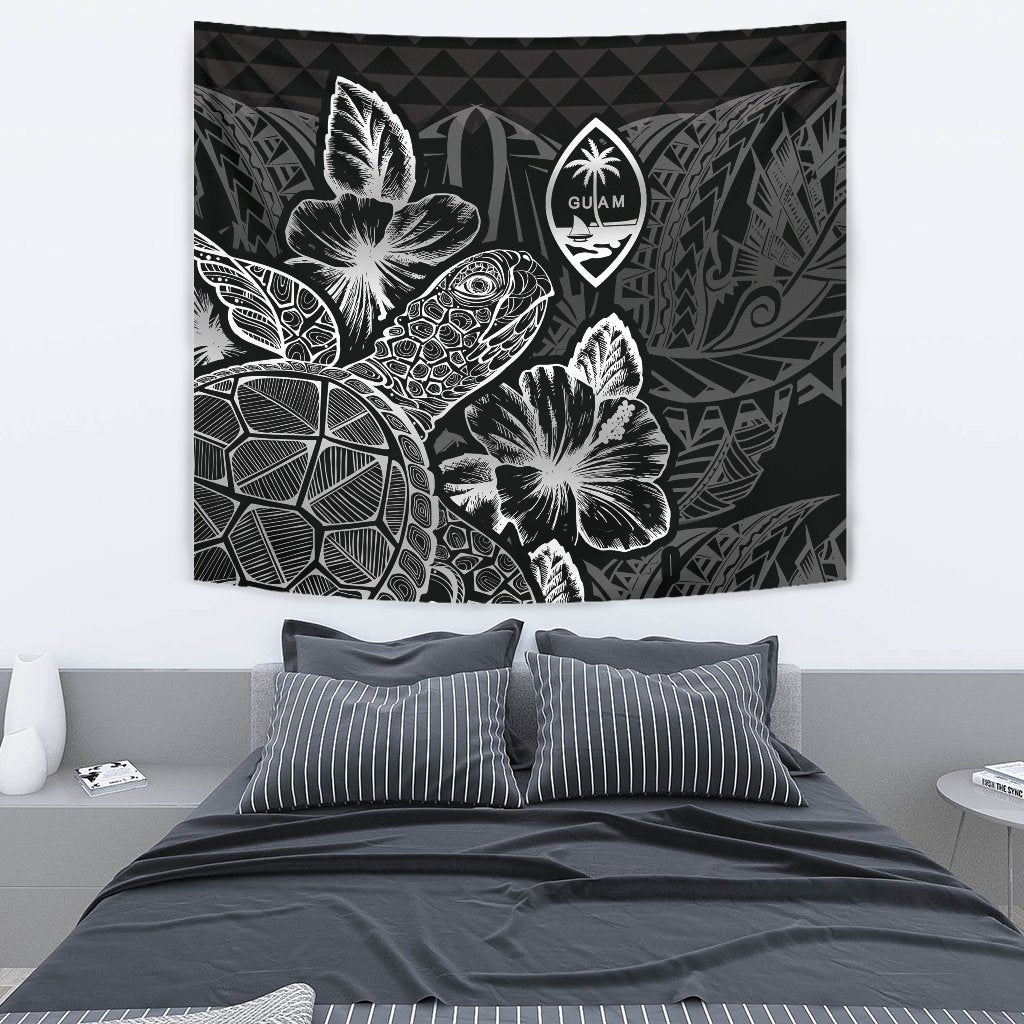 Guam Tapestry - Turtle Hibiscus Pattern Black Wall Tapestry Medium 80" x 68" Black - Polynesian Pride