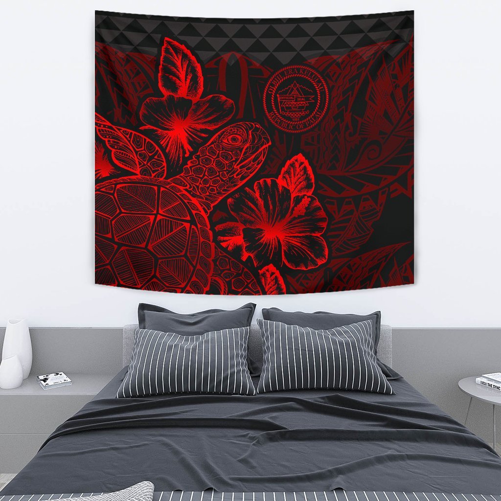 Palau Tapestry - Turtle Hibiscus Pattern Red Wall Tapestry Medium 80" x 68" Red - Polynesian Pride