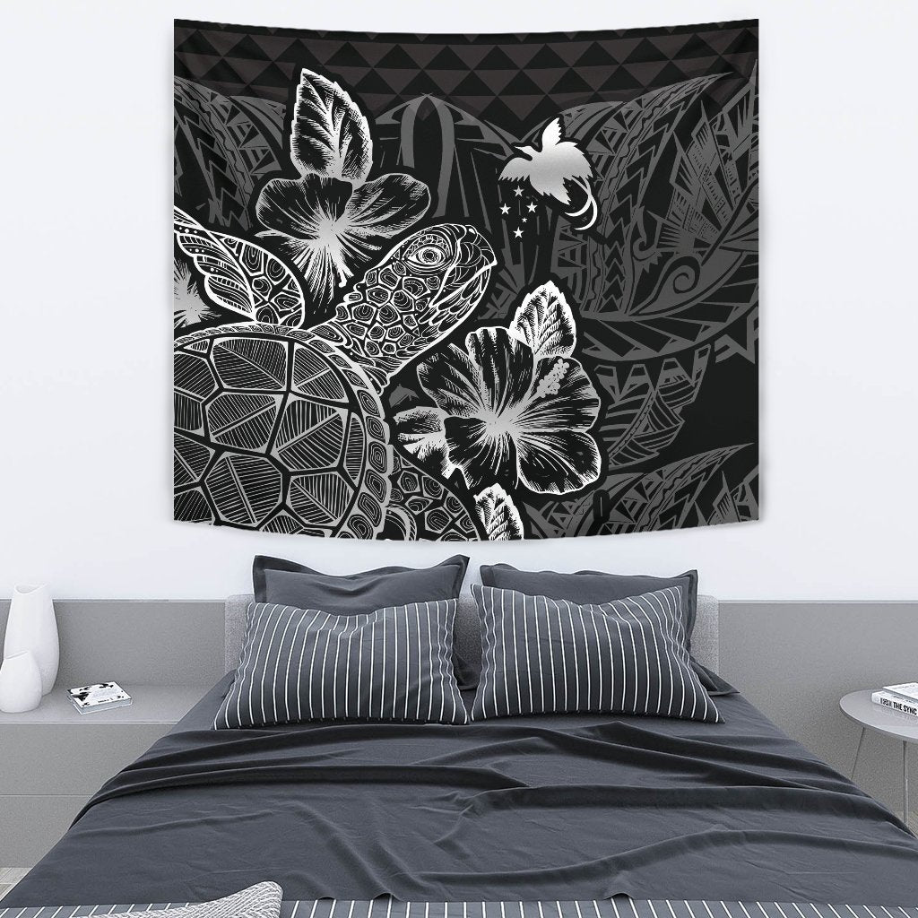 Papua New Guinea Tapestry - Turtle Hibiscus Pattern Black Wall Tapestry Medium 80" x 68" Black - Polynesian Pride