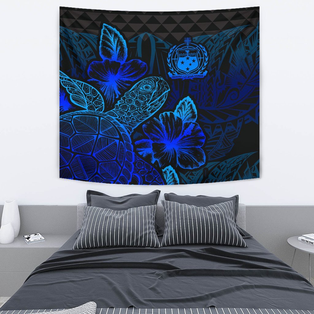 Samoa Tapestry - Turtle Hibiscus Pattern Blue Wall Tapestry Medium 80" x 68" Blue - Polynesian Pride