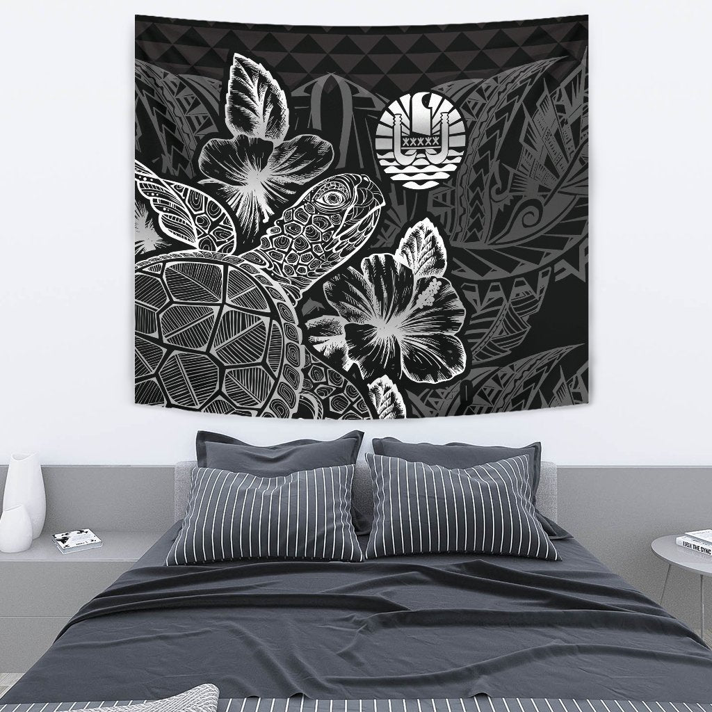 Tahiti Tapestry - Turtle Hibiscus Pattern Black Wall Tapestry Medium 80" x 68" Black - Polynesian Pride