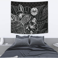 Tahiti Tapestry - Turtle Hibiscus Pattern Black Wall Tapestry Medium 80" x 68" Black - Polynesian Pride