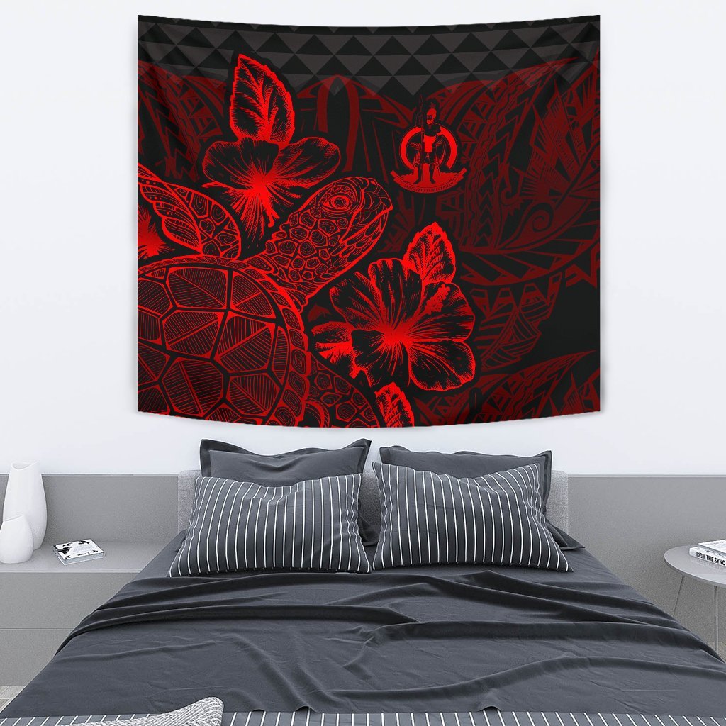 Vanuatu Tapestry - Turtle Hibiscus Pattern Red Wall Tapestry Medium 80" x 68" Red - Polynesian Pride