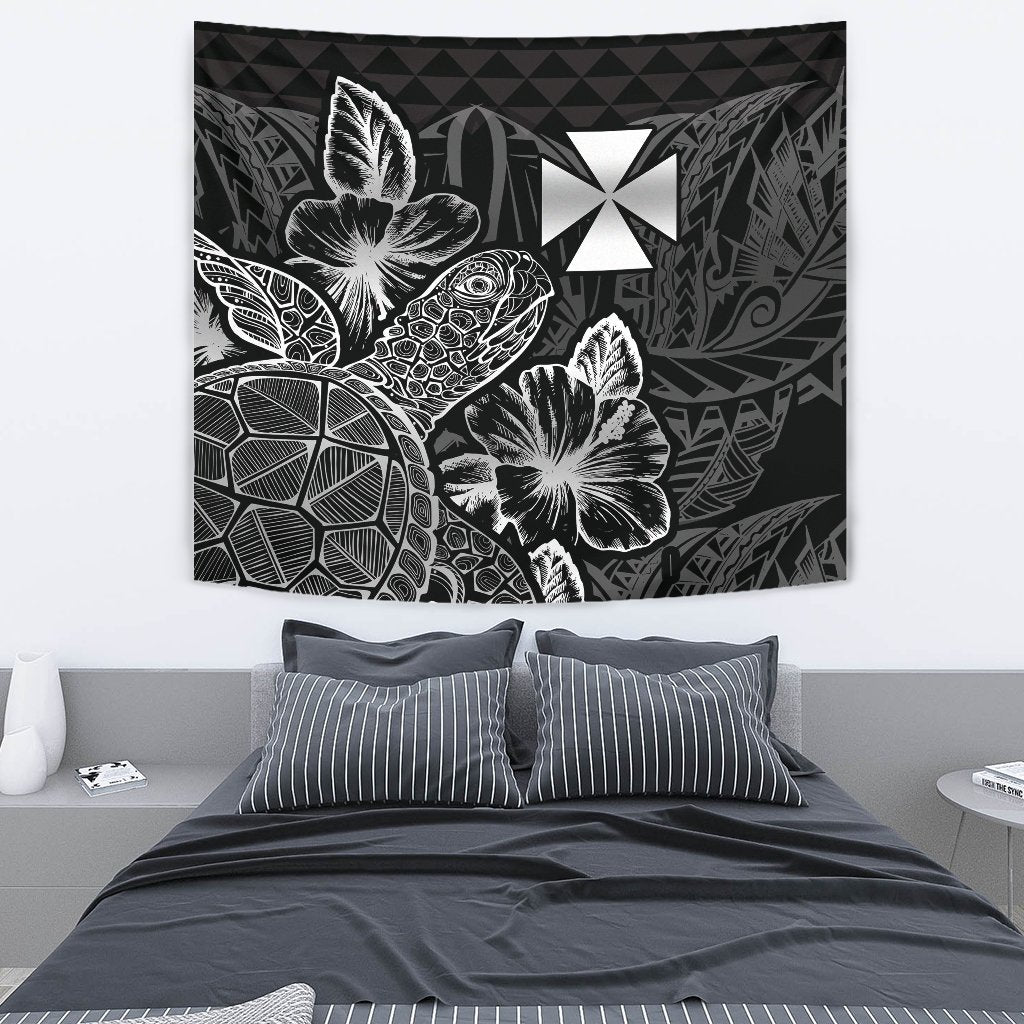 Wallis And Futuna Tapestry - Turtle Hibiscus Pattern Black Wall Tapestry Medium 80" x 68" Black - Polynesian Pride