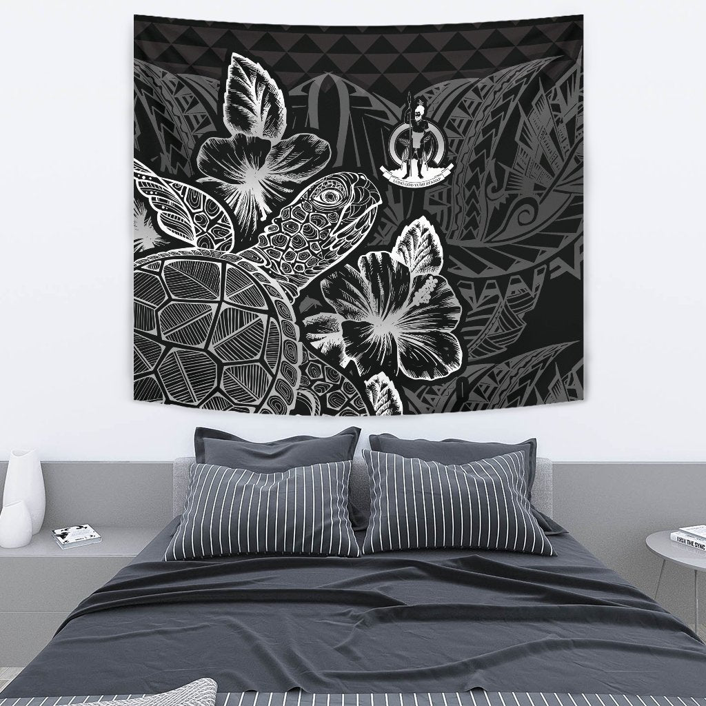 Vanuatu Tapestry - Turtle Hibiscus Pattern Black Wall Tapestry Medium 80" x 68" Black - Polynesian Pride