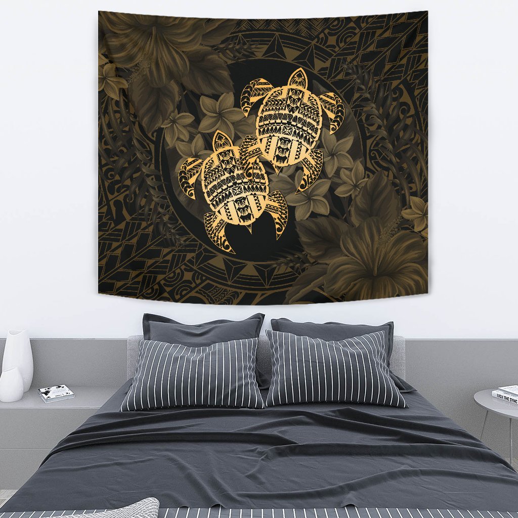 hawaiiTapestry - Turtle Strong Pattern Hibiscus Plumeria Gold AH Wall Tapestry Medium 80" x 68" Gold - Polynesian Pride
