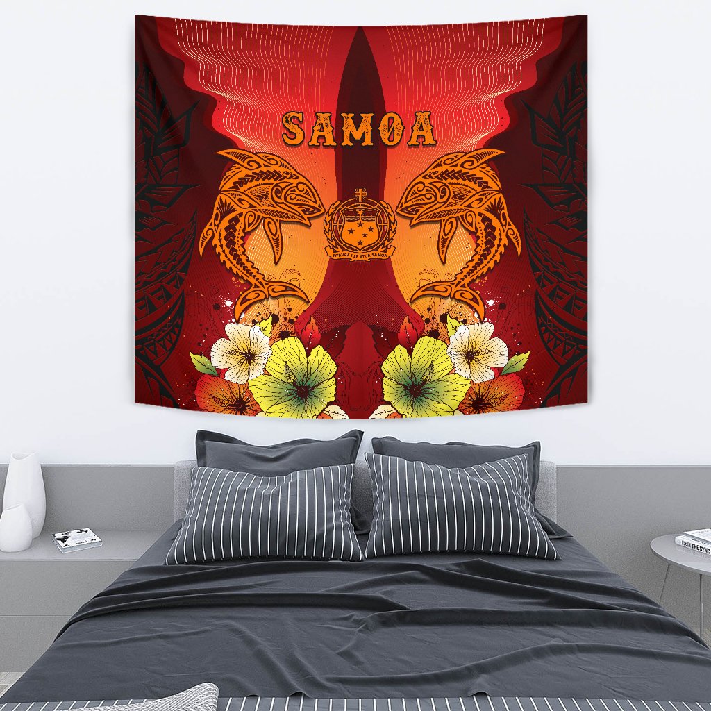Samoa Tapestries - Tribal Tuna Fish Wall Tapestry Medium 80" x 68" Orange - Polynesian Pride