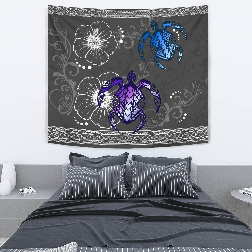 Hawaii Turtle Hibiscus Polynesian Tapestry - Miki Style Wall Tapestry Gray - Polynesian Pride