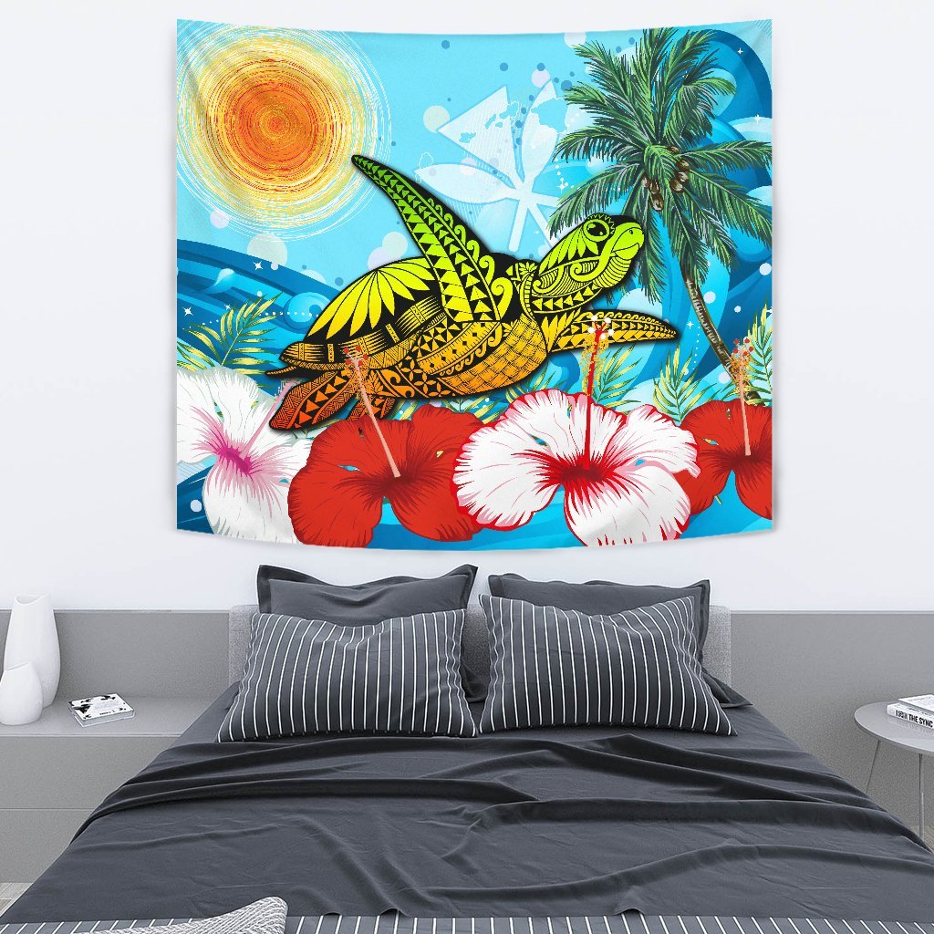 Hawaii Turtle Sea Hibiscus Tapestry - Sun Style Wall Tapestry Medium 80" x 68" Blue - Polynesian Pride