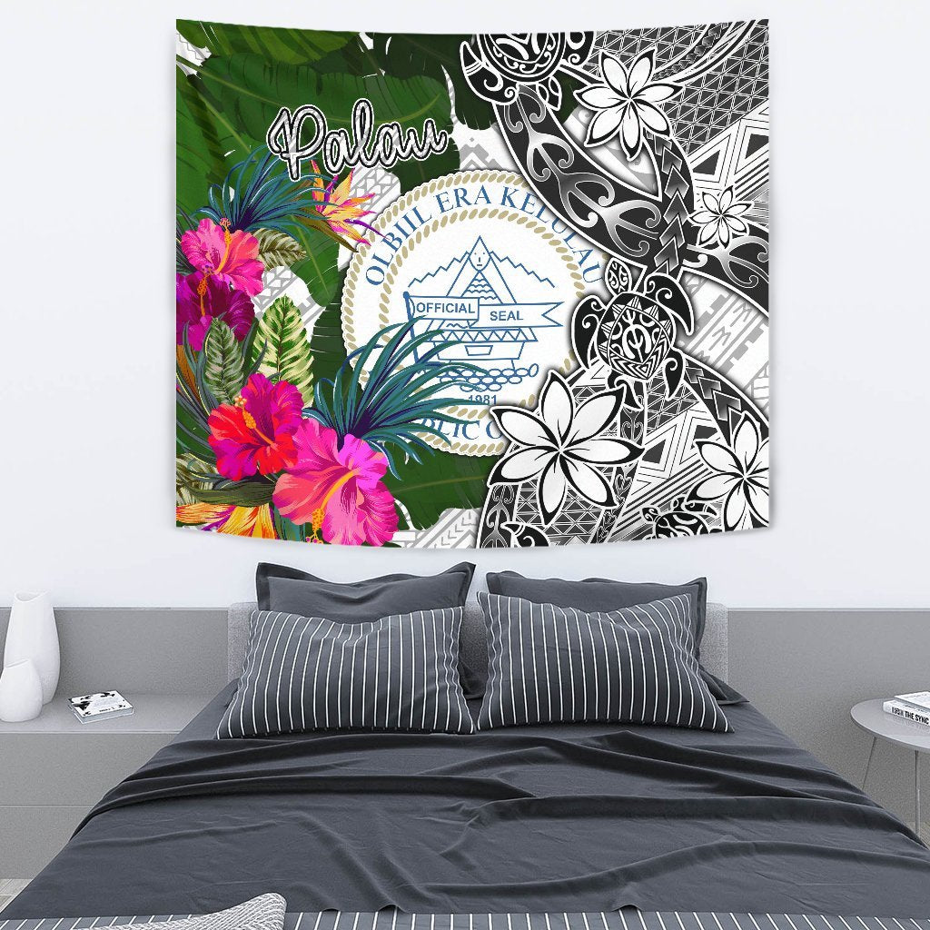 Palau Tapestry White - Turtle Plumeria Banana Leaf Crest - Polynesian Pride