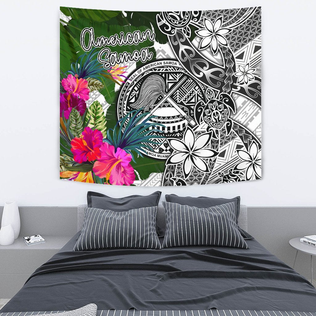 American Samoa Tapestry White - Turtle Plumeria Banana Leaf - Polynesian Pride