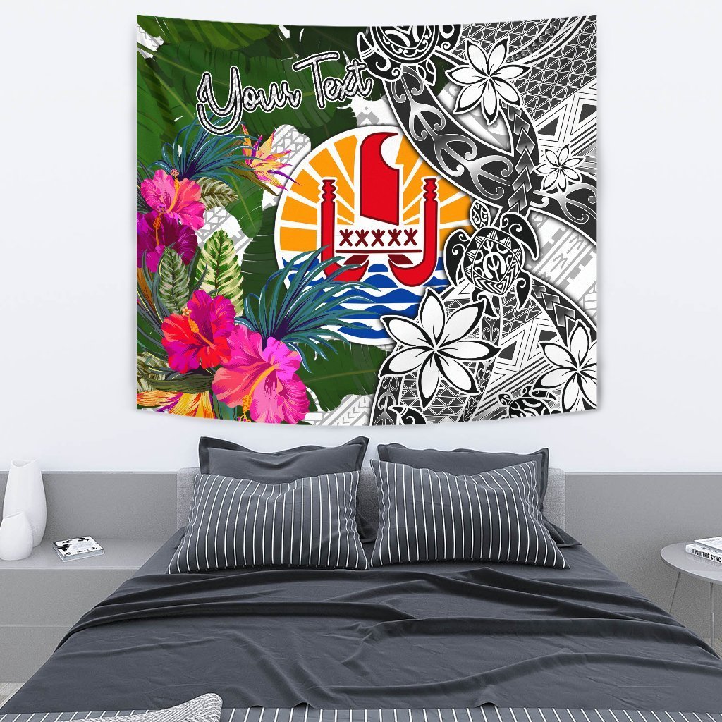 Tahiti Custom Personalised Tapestry White - Turtle Plumeria Banana Leaf - Polynesian Pride