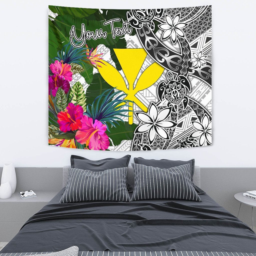 Hawaii Custom Personalised Tapestry White - Turtle Plumeria Banana Leaf - Polynesian Pride