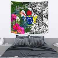 Cook Islands Custom Personalised Tapestry White - Turtle Plumeria Banana Leaf - Polynesian Pride