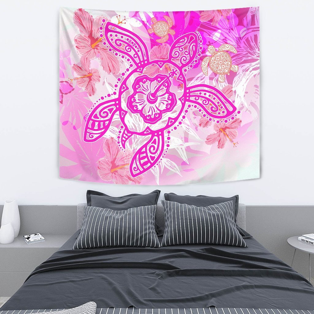 Hawaii Turtle Hibiscus Tapestry - Dreamy Style - AH Wall Tapestry Medium 80" x 68" Pink - Polynesian Pride