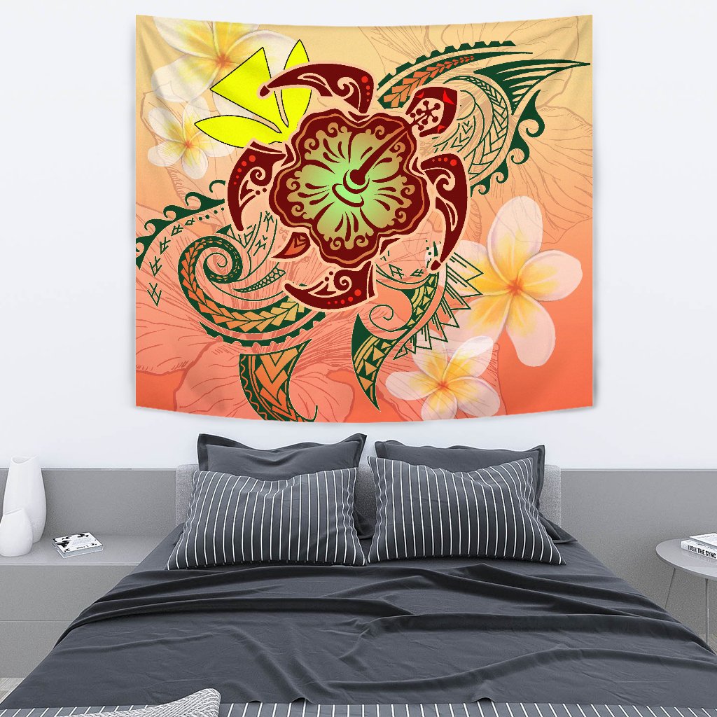Hawaii Turtle Kanaka Plumeria Hibiscus Tapestry - Kity Style - AH Wall Tapestry Orange - Polynesian Pride