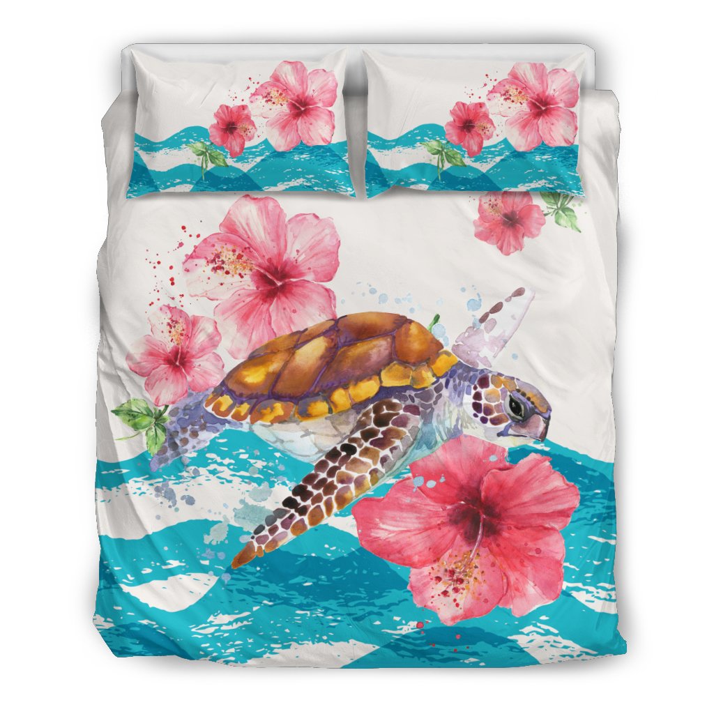 Hawaiian Bedding Set - Vintage Turtle Hibiscus Ocean Aloha Duvet Cover Art - Polynesian Pride