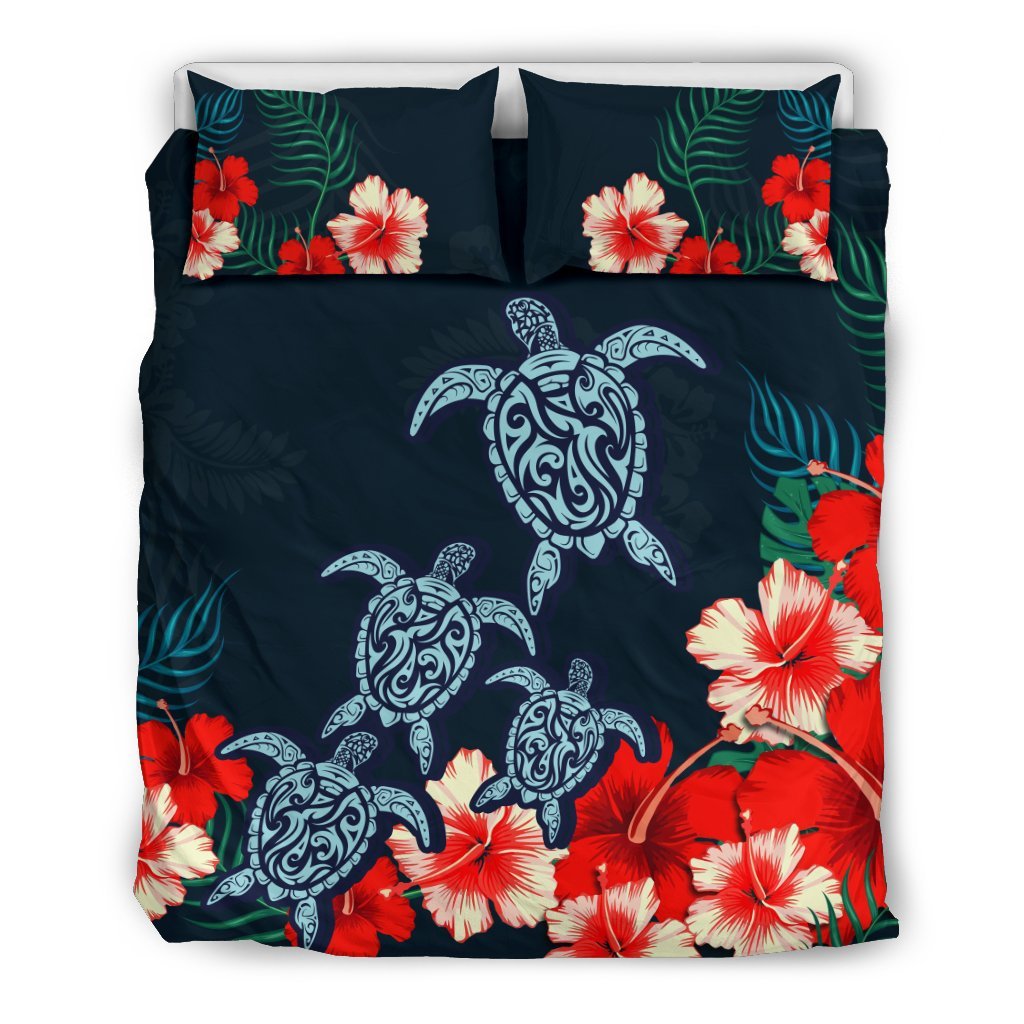 Hawaiian Duvet Cover Set - Polynesian Hibiscus And Turtle - Polynesian Pride