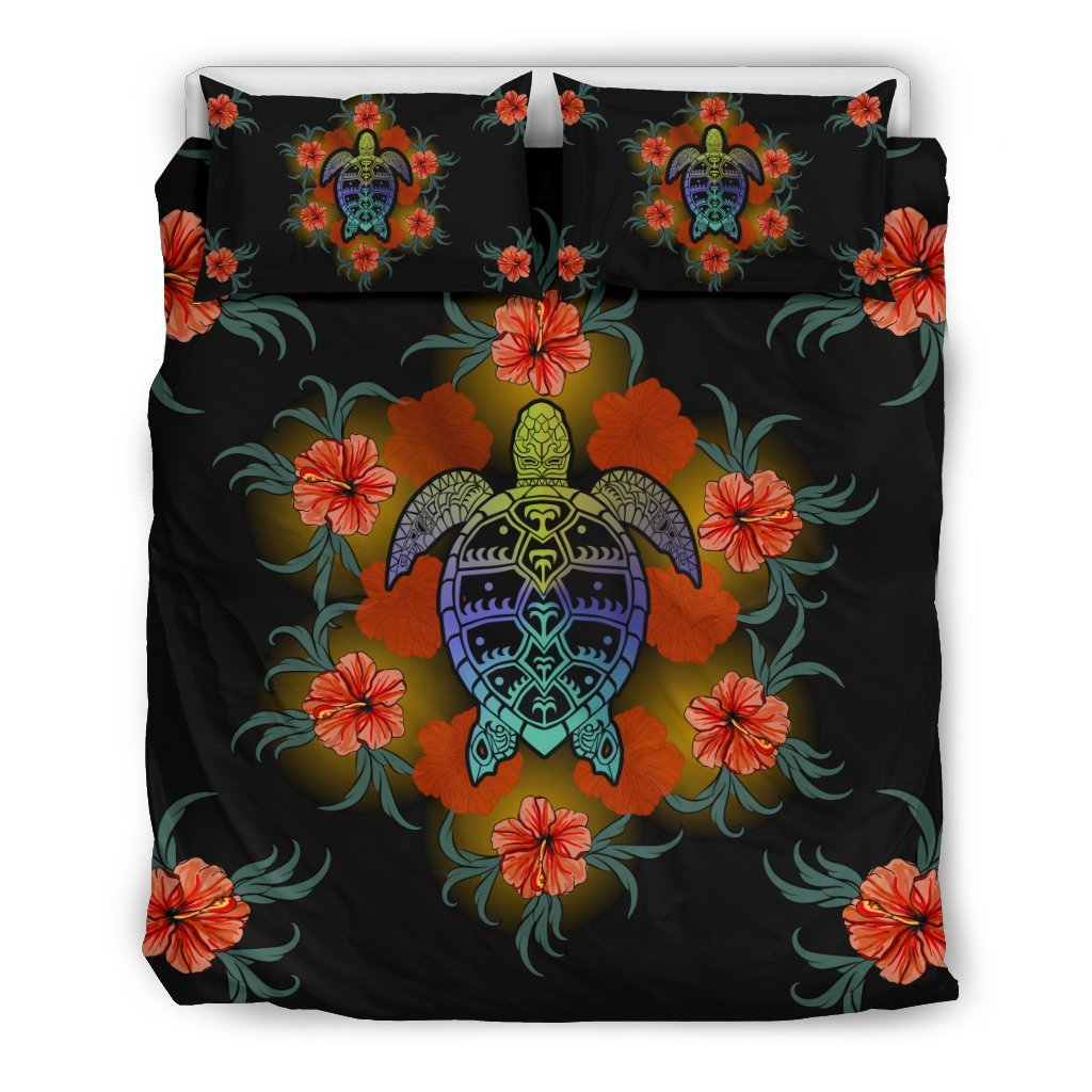 Hawaiian Duvet Cover Set - Red Hibiscus And Sea Turtle Tattoo - Polynesian Pride