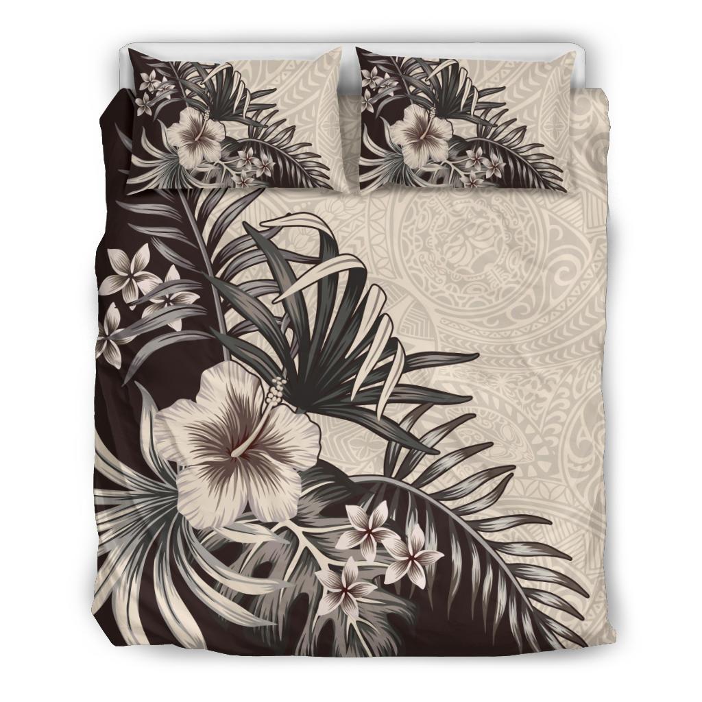 Hawaiian Duvet Cover Set - The Beige Hibiscus Plumeria Plam - Polynesian Pride