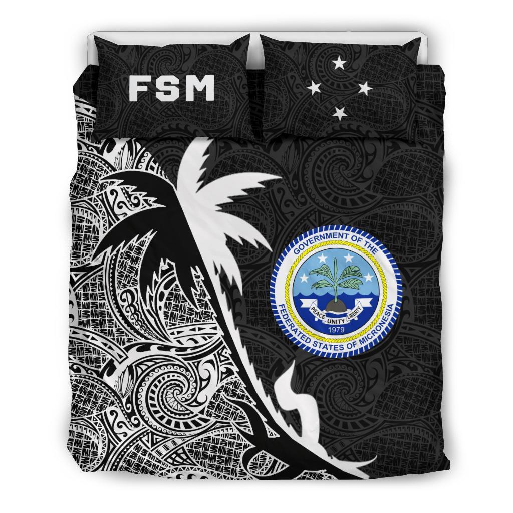 Federated States Of Micronesia Duvet Cover Set - Federated States Of Micronesia Coat Of Arms & Coconut Tree Black - Polynesian Pride