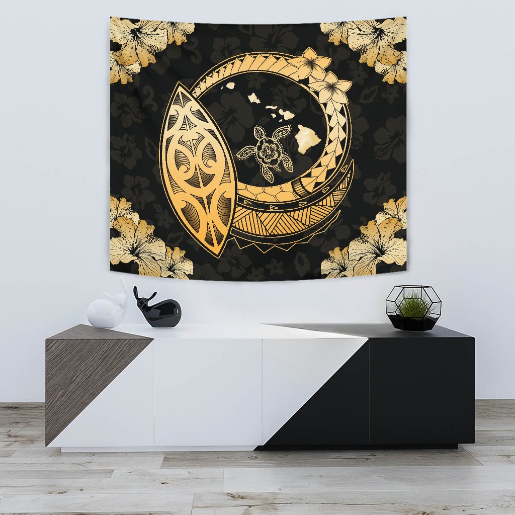 Hawaii Turtle Hibiscus Map Polynesian Tapestry - Polynesian Pride