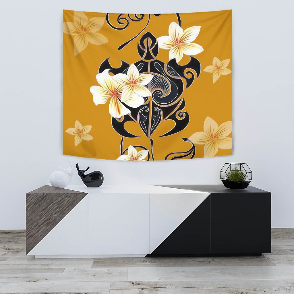 Turtle Poly Tribal Plumeria Yellow Tapestry - Polynesian Pride