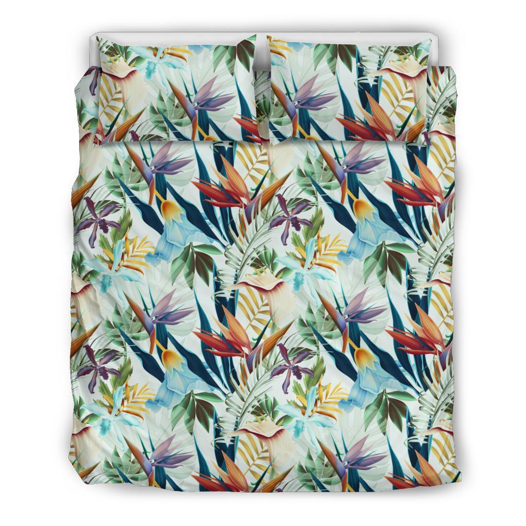 Hawaiian Tropical Strelitzia Flower, Plants And Leaves Pattern Polynesian Bedding Set Black - Polynesian Pride