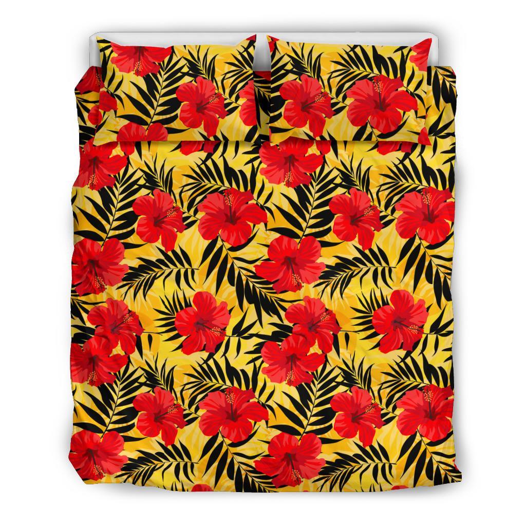 Hawaiian Tropical Hibiscus Flowers And Palm Leaves Polynesian Bedding Set Black - Polynesian Pride