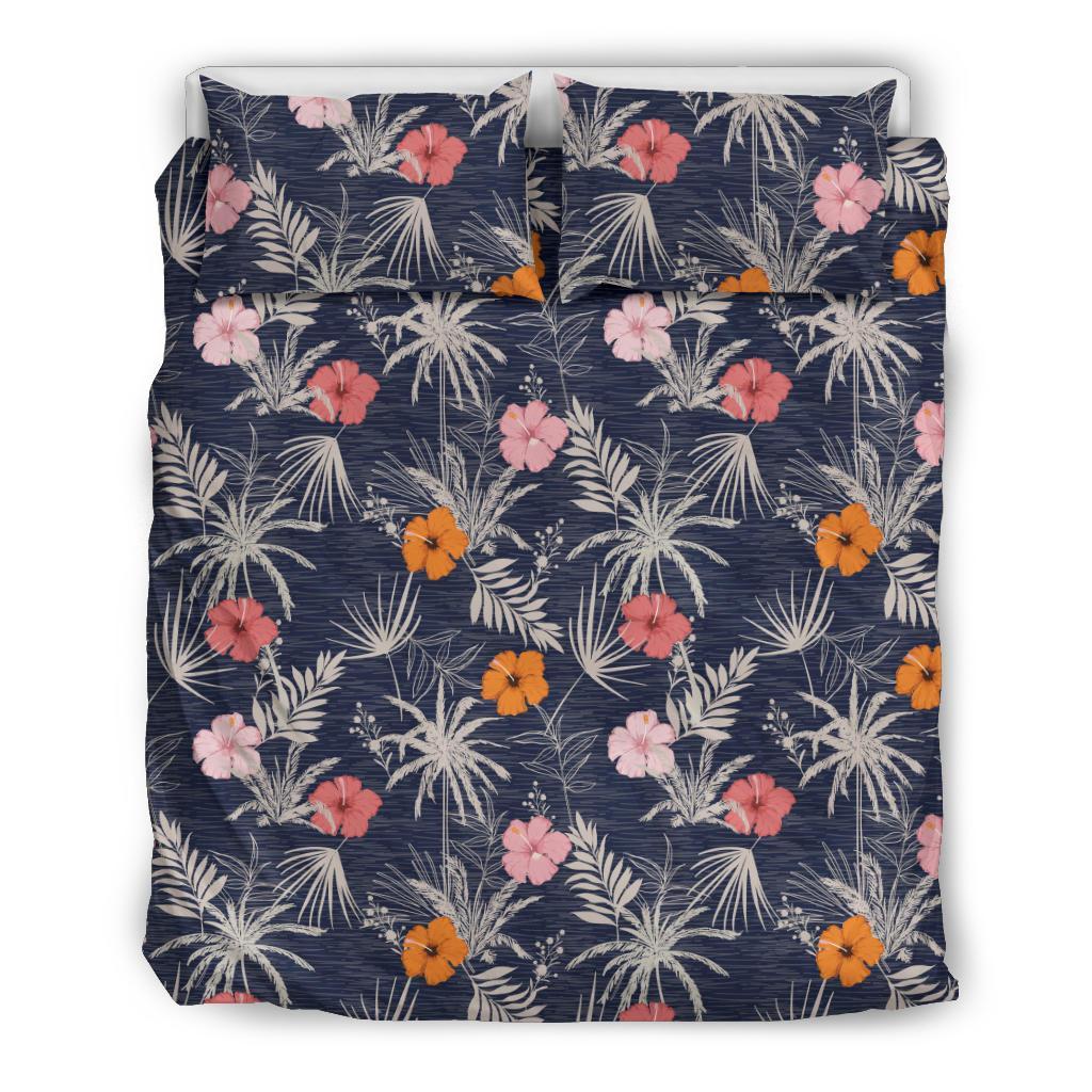 Hawaiian Tropical Hibiscus Flower Palm Tree Polynesian Bedding Set Black - Polynesian Pride