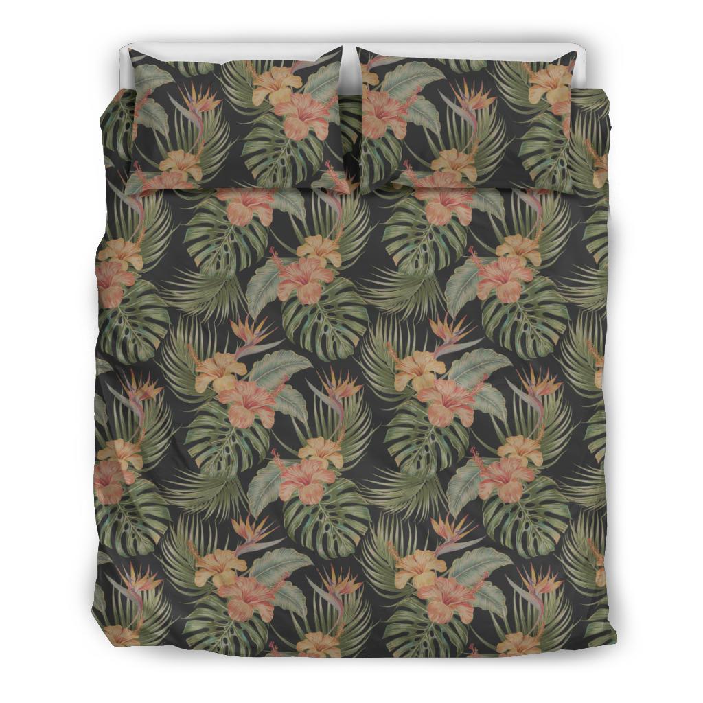 Hawaiian Tropical Hibiscus Strelitzia Fower Monstera Leaves Polynesian Bedding Set Black - Polynesian Pride