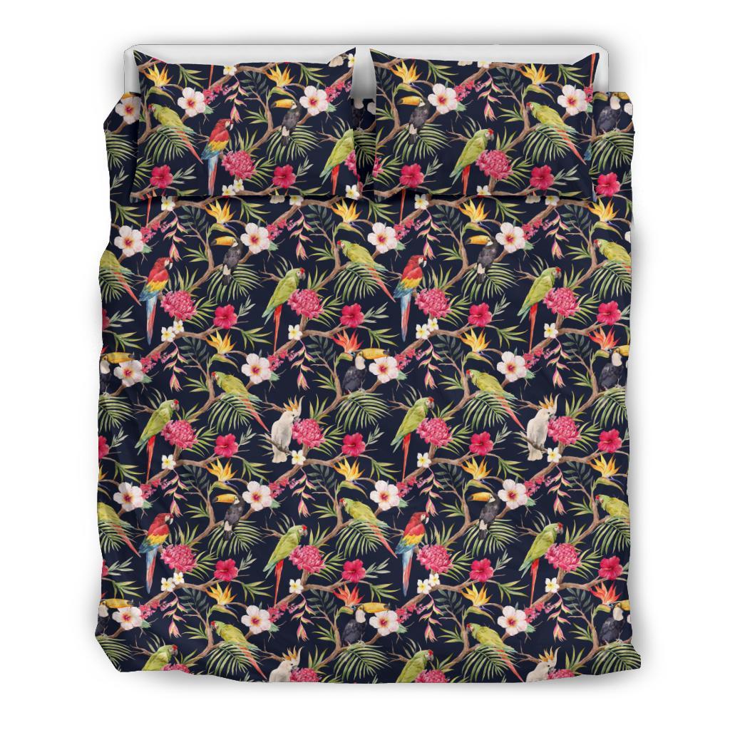 Hawaiian Tropical Hibiscus, Strelitzia Palm Leaves Parrot Toucan Polynesian Bedding Set Black - Polynesian Pride