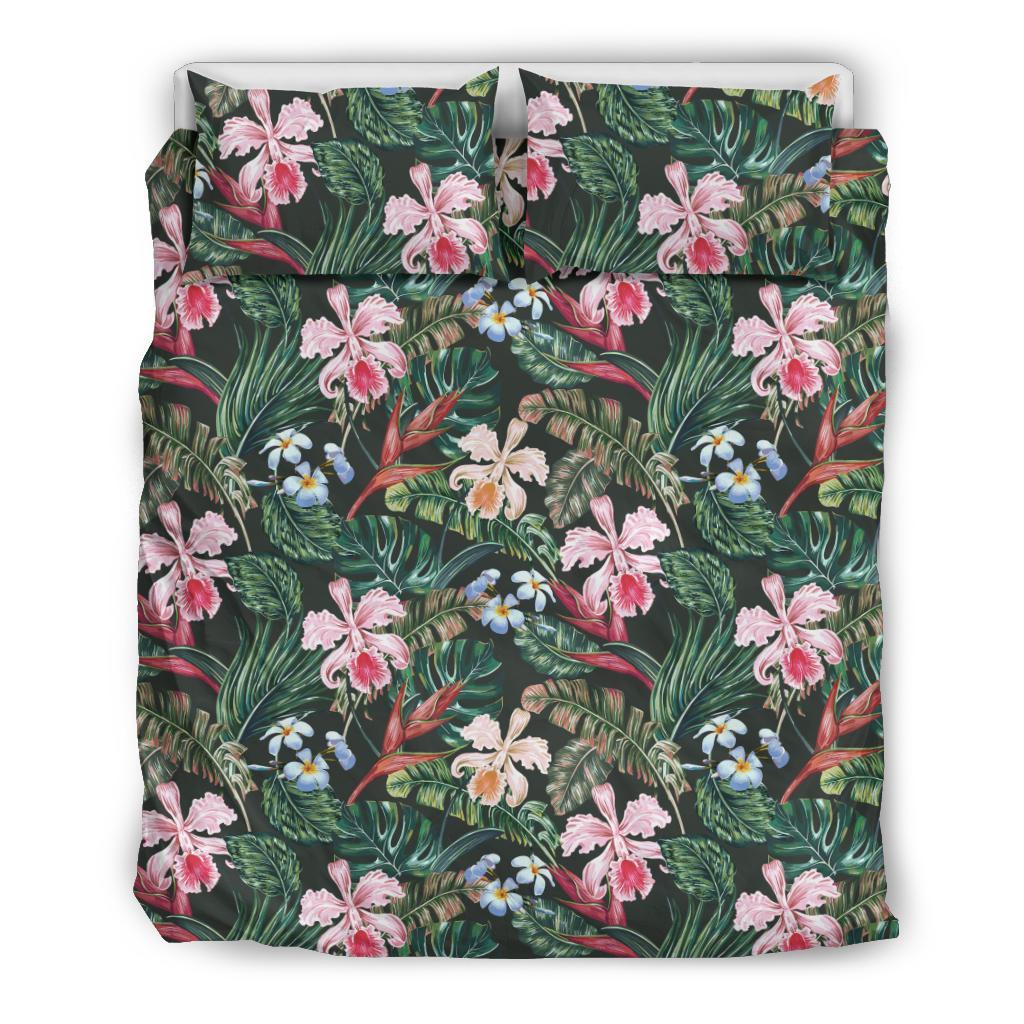 Hawaiian Tropical Plumeria Heliconias Monstera Leaf Red Polynesian Bedding Set Black - Polynesian Pride