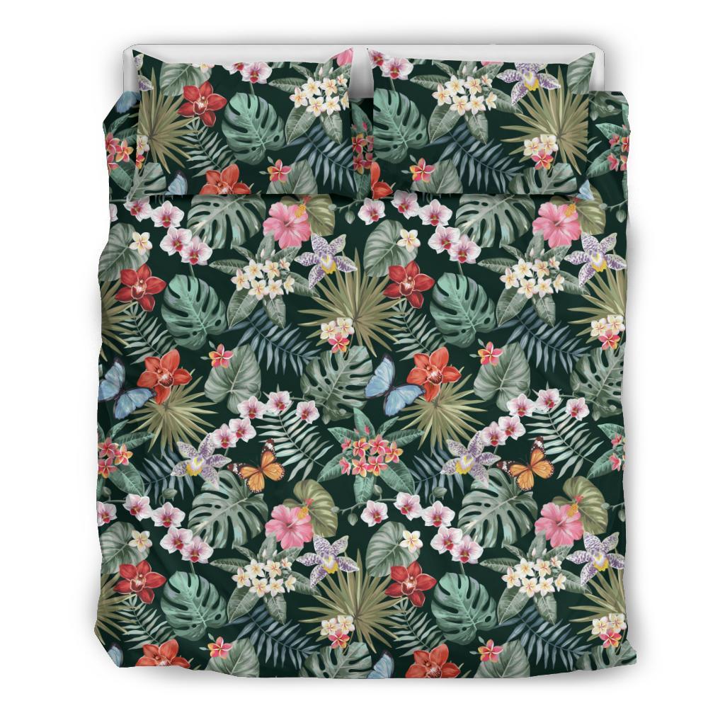 Hawaiian Tropical Butterfly Plumeria Hibiscus Orchids Pattern With Palm Leaves Polynesian Bedding Set Black - Polynesian Pride