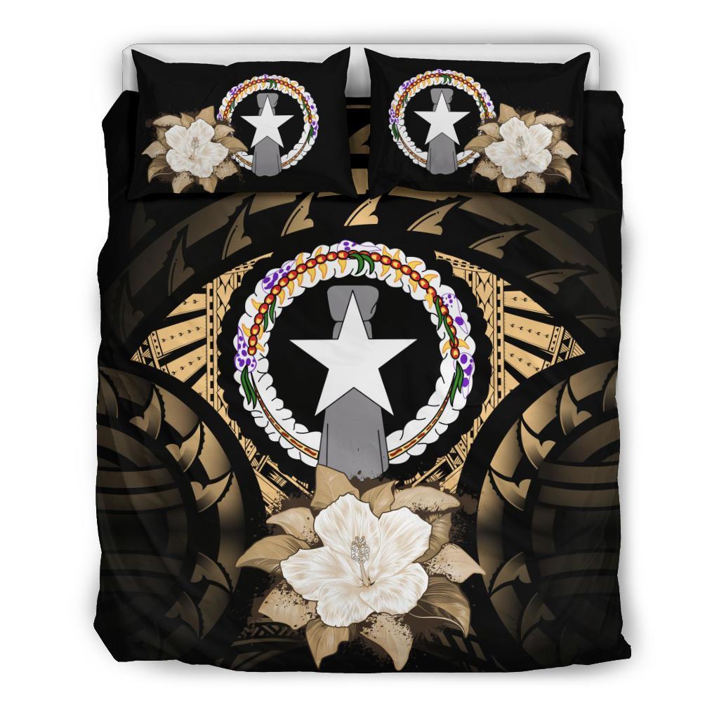Northern Mariana Islands Duvet Cover Set - Northern Mariana Islands Flag & Gold Hibiscus - Polynesian Pride