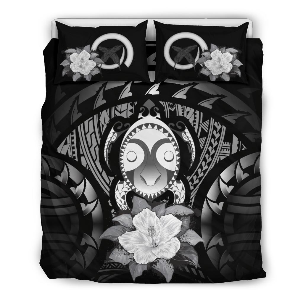 Vanuatu Duvet Cover Set - Turtle Tiki Face & Gray Hibiscus - Polynesian Pride