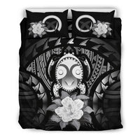 Vanuatu Duvet Cover Set - Turtle Tiki Face & Gray Hibiscus - Polynesian Pride