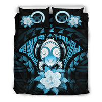 Vanuatu Duvet Cover Set - Turtle Tiki Face &Turquoise Hibiscus - Polynesian Pride