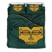 Marquesas Islands Duvet Cover Set - Tiki Face Pattern Dark Green - Polynesian Pride