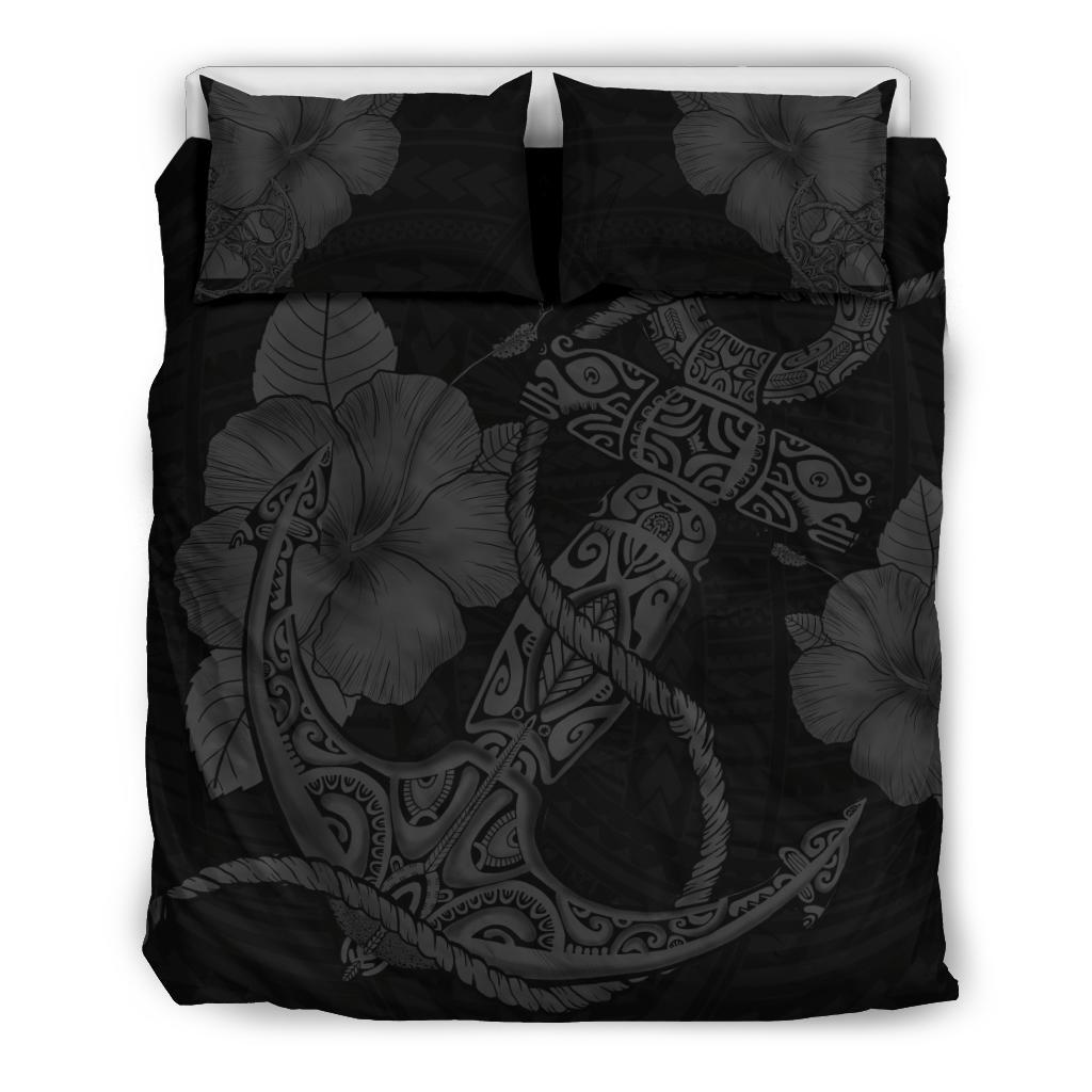 Hawaiian Anchor Poly Tribal Hibiscus Polynesian Bedding Set Gray Gray - Polynesian Pride