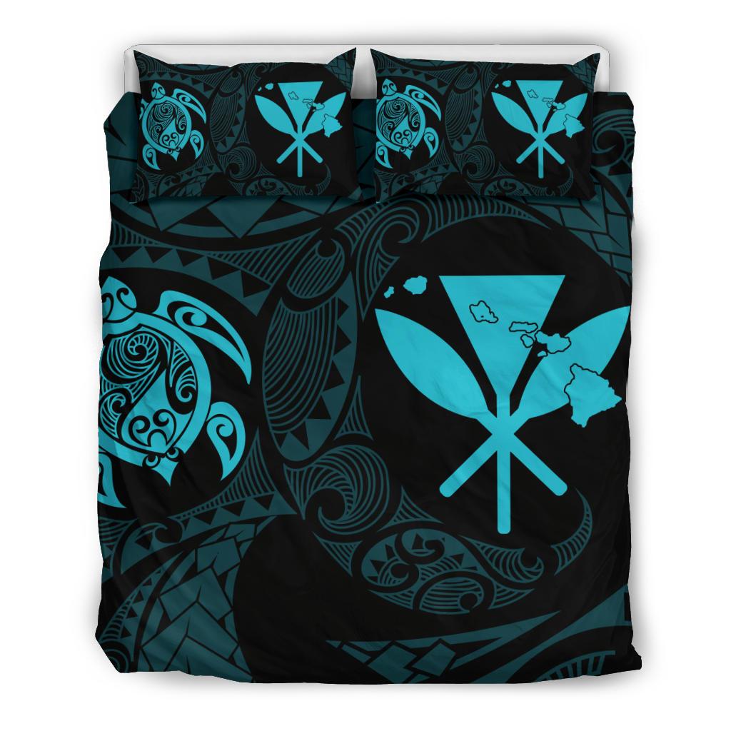 Hawaiian Map Kanaka Maoli Turtle Polynesian Bedding Set Blue Blue - Polynesian Pride