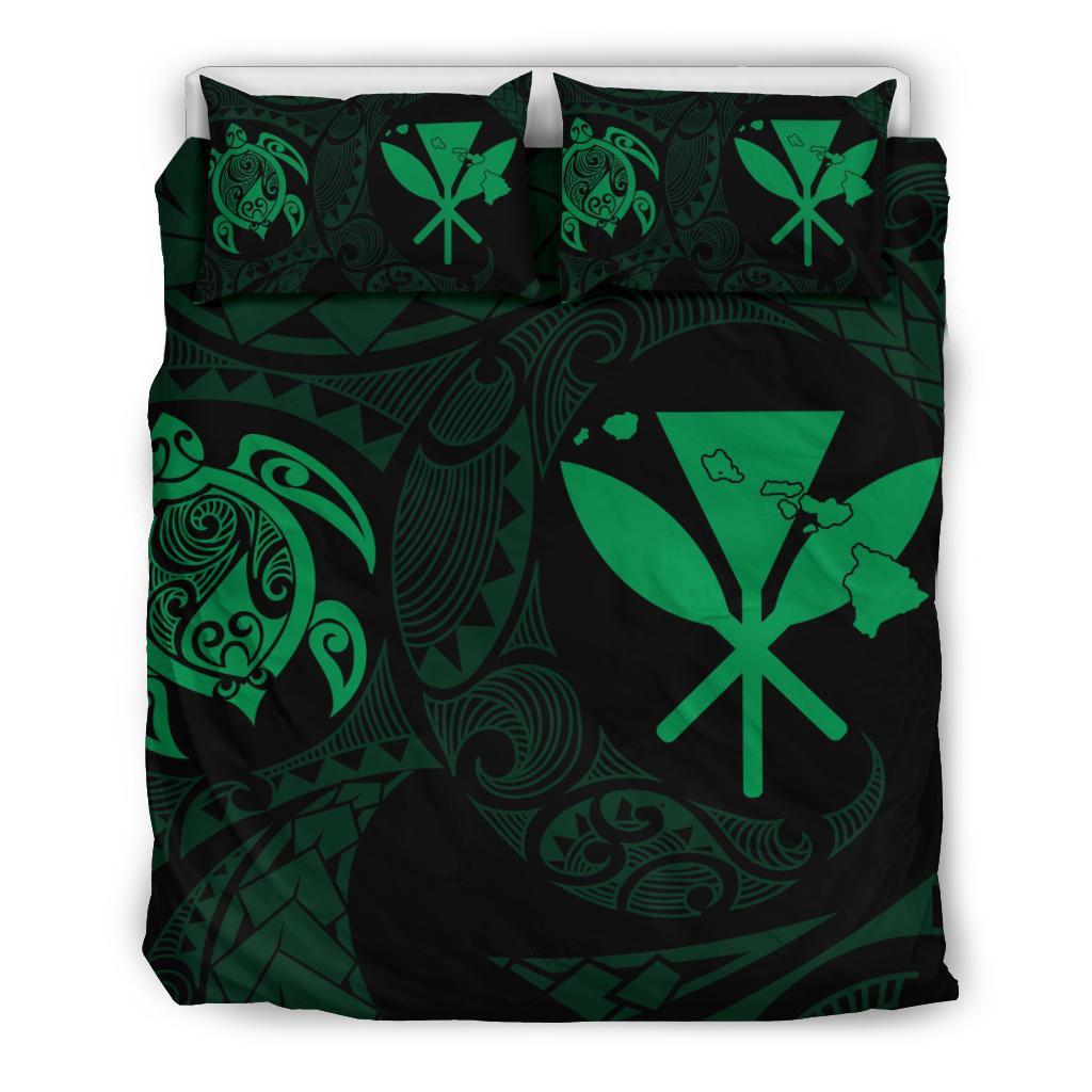 Hawaiian Map Kanaka Maoli Turtle Polynesian Bedding Set Green Green - Polynesian Pride