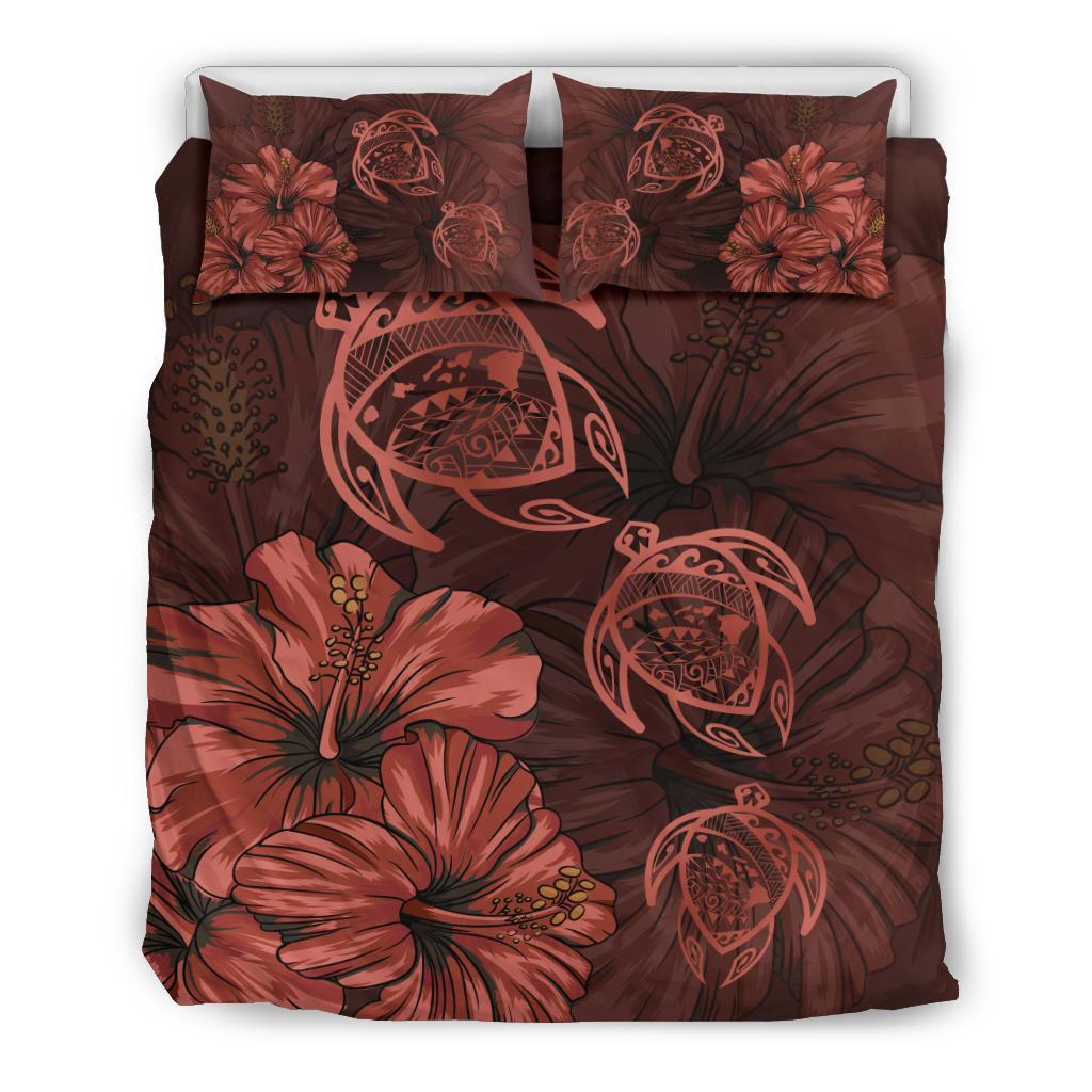 Hawaiian Map Hibiscus Flowers Vintage Polynesian Bedding Set Red Black - Polynesian Pride